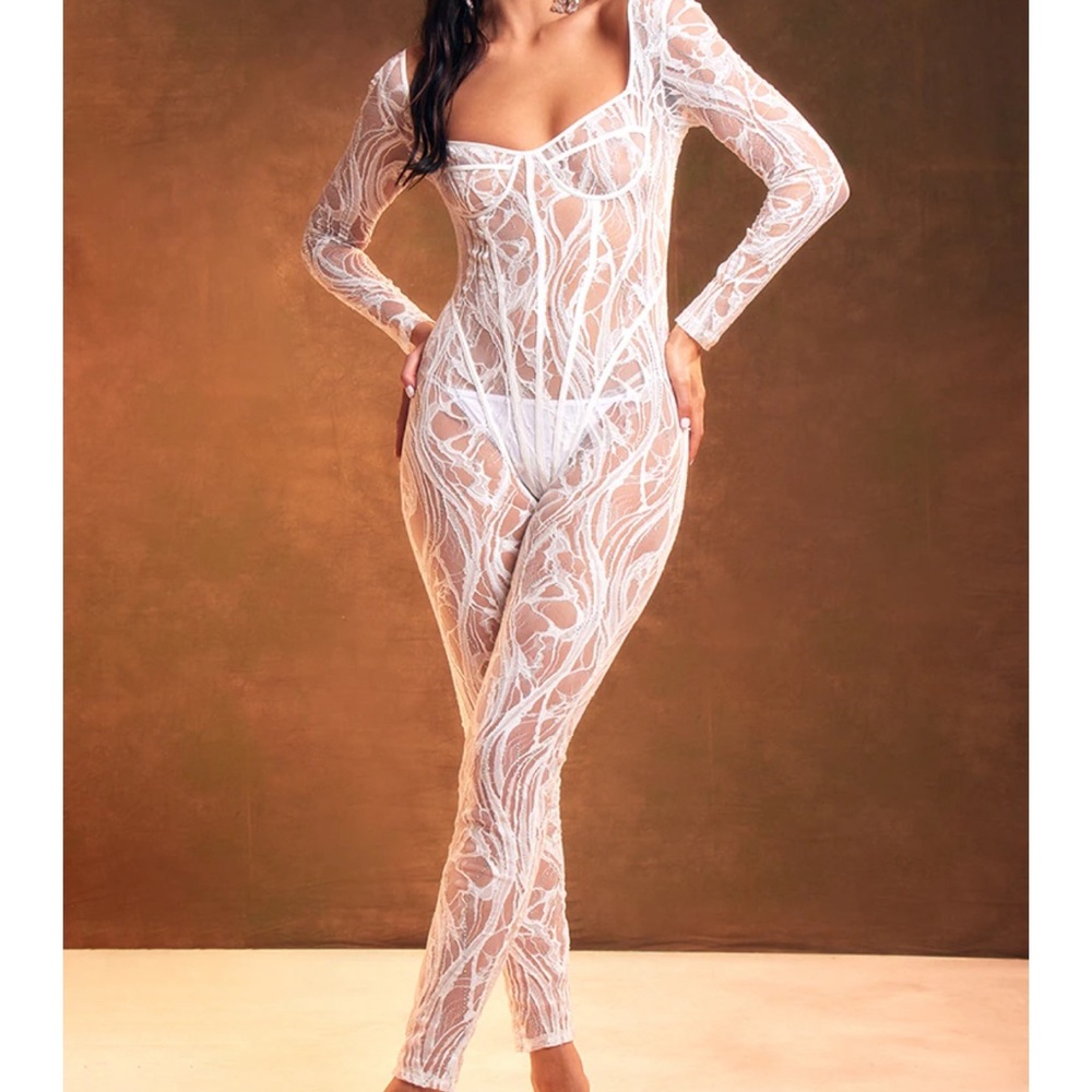 White Lace Diamante Underwired Long Sleeve Jumpsuit PrettyLittleThing